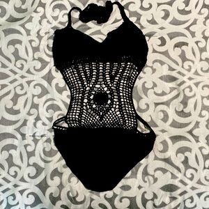 Black Crochet Lined Adjustable Halter Bathing Suit